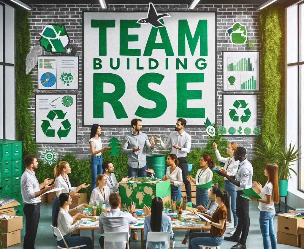 des gens parlent autour d'un bureau en entreprise et une affiche au mur indique team building rse